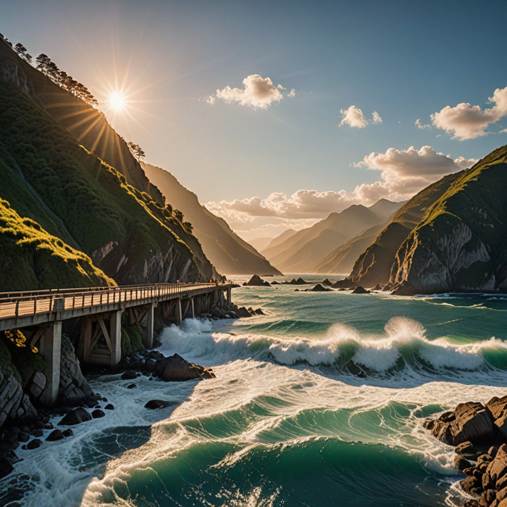Dramatic Ocean Bridge at Golden Hour