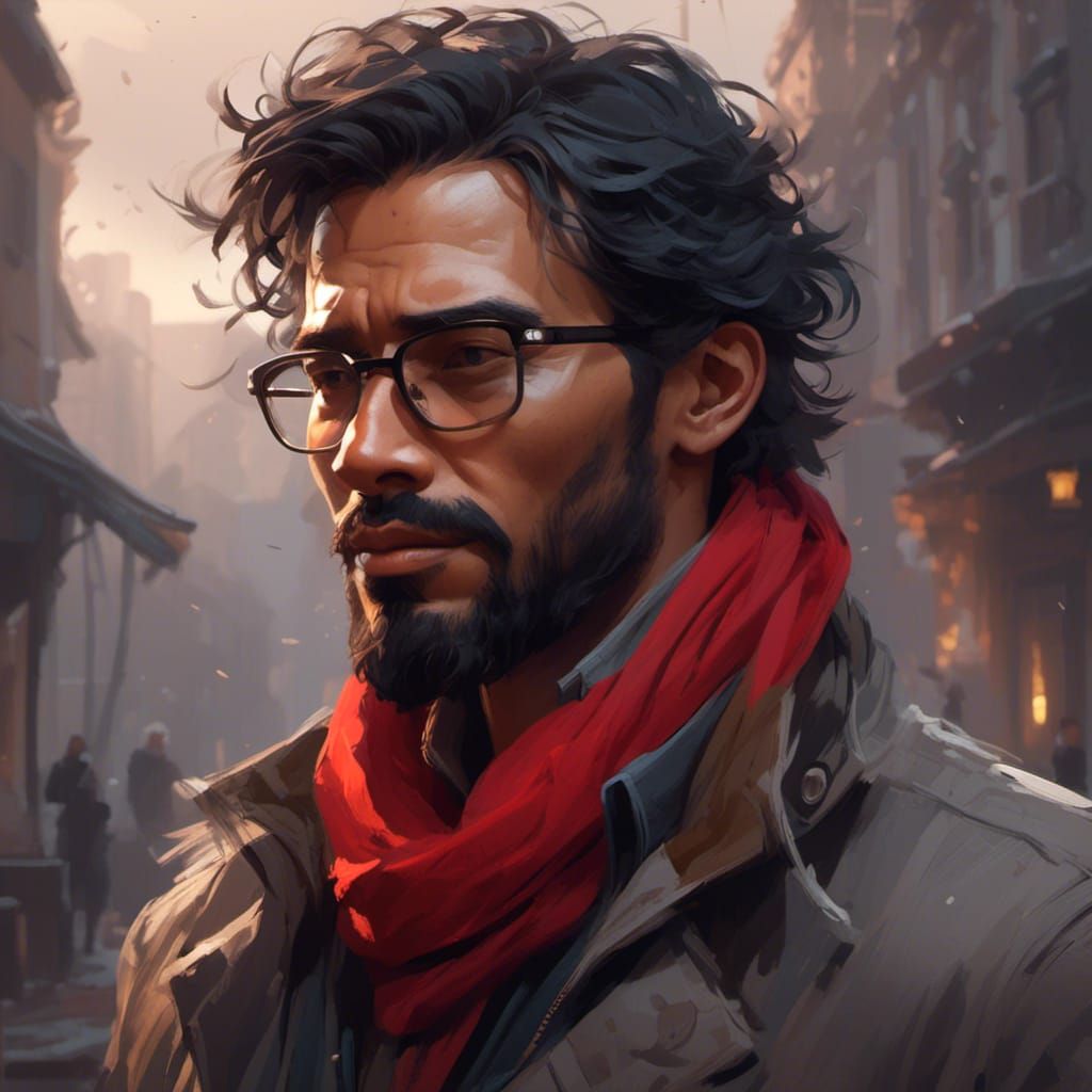 Detailed Portrait of Man with Scarf, Art Nouveau Style