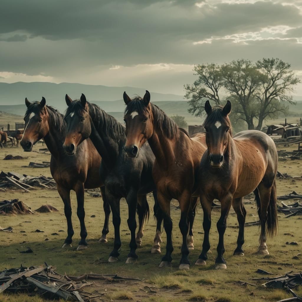 Ethereal Horses in Post-Apocalyptic Landscape
