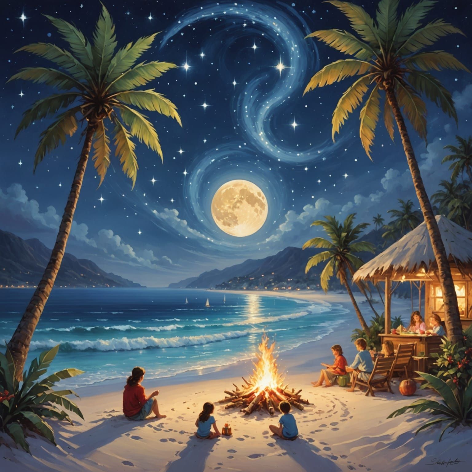 Fantasy Christmas Beach Bonfire Under Starlit Sky
