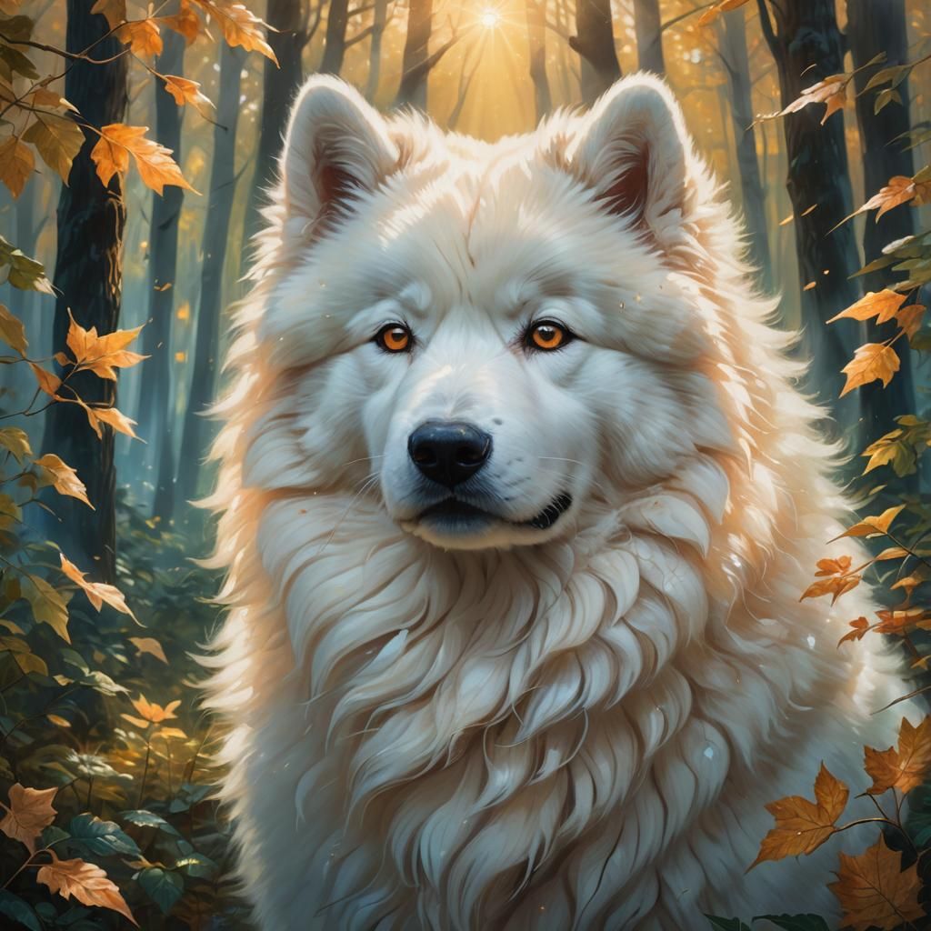 Magical Samoyed Portrait in Mystical Forest