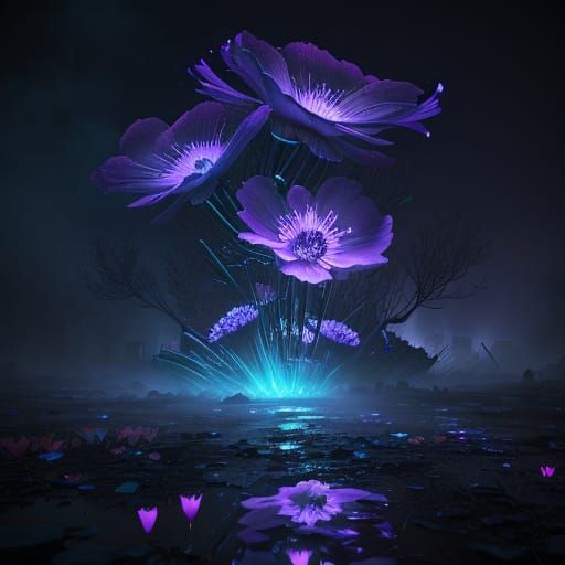 Bioluminescent Flower Blooms in Cyberpunk Ruins