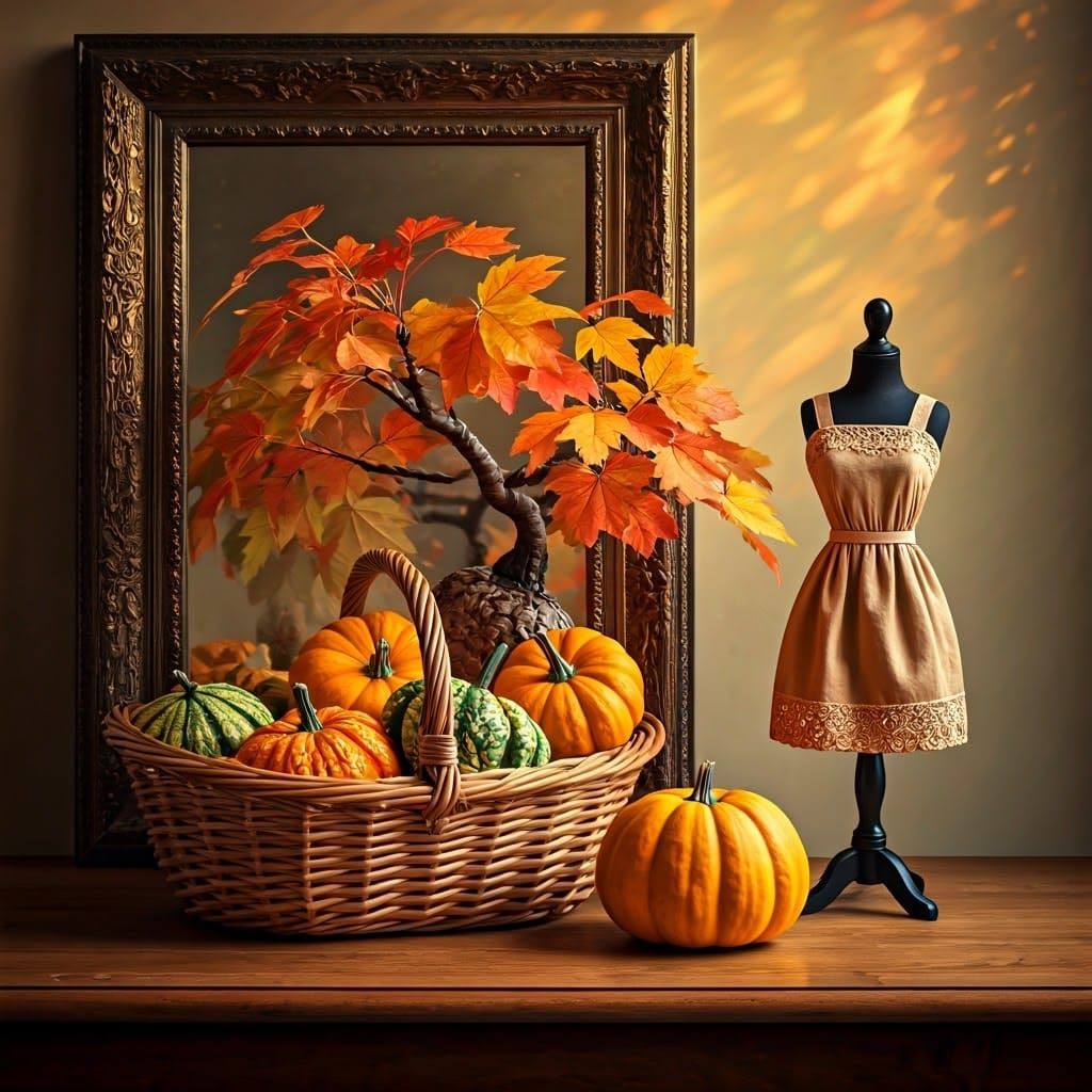 Autumn Still Life with Gourds and Bonsai in Watercolor
