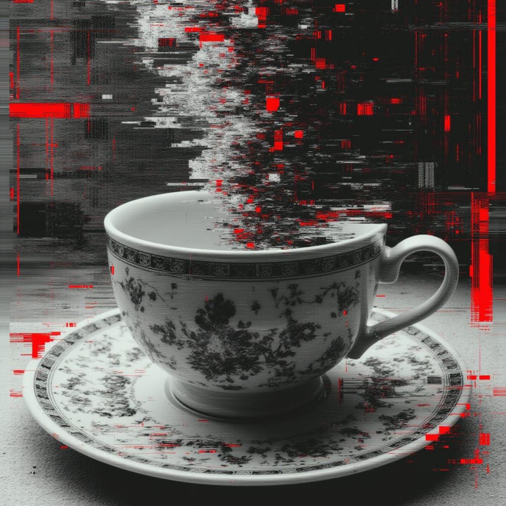 Glitch Art Teacup in Digital Vortex