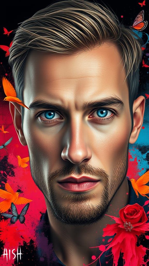 Vibrant Portrait of a Man with Piercing Blue Eyes in a Kalei...