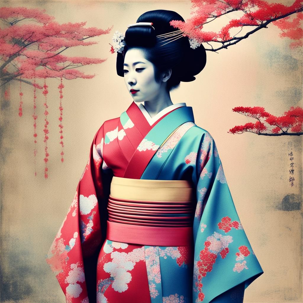 Cinematic Geisha in Risograph Digital Collage