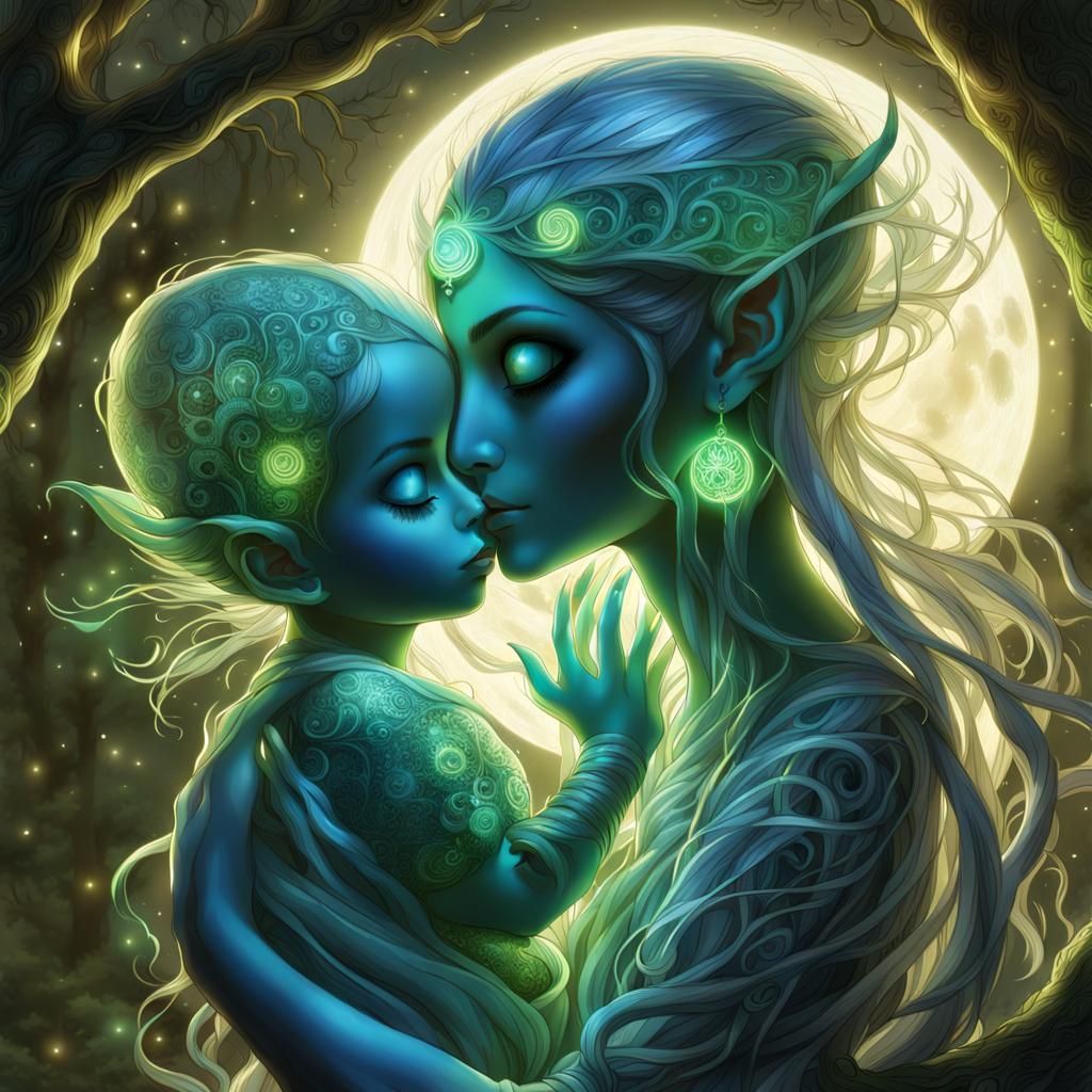 Bioluminescent Elf Mother and Child in Rococo Style