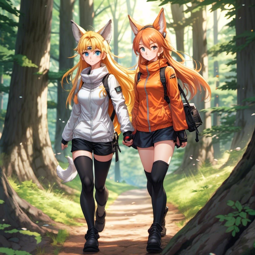 Anime Girls with Wolf Ears in Forest