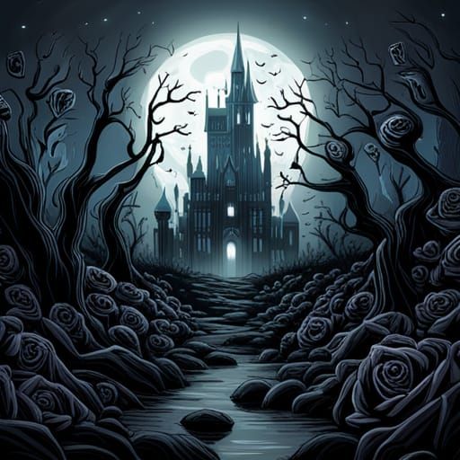 Gothic Victorian Castle and Black Rose Garden