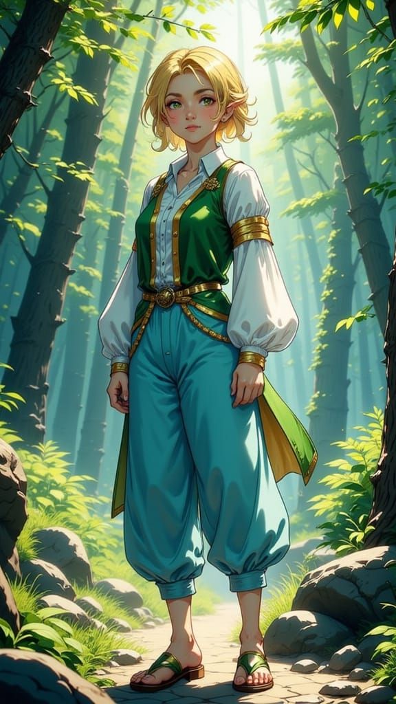 Enchanted Elf with Golden Rings in Anime Style