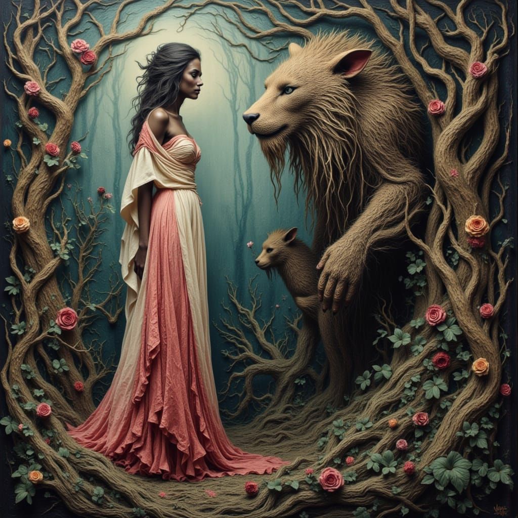 Woman, Beast, and Forest in Impasto Oil Style