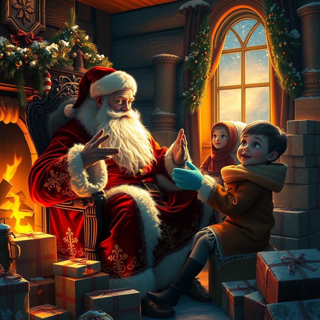 Jolly Santa Claus in a Festive Snowy Cabin
