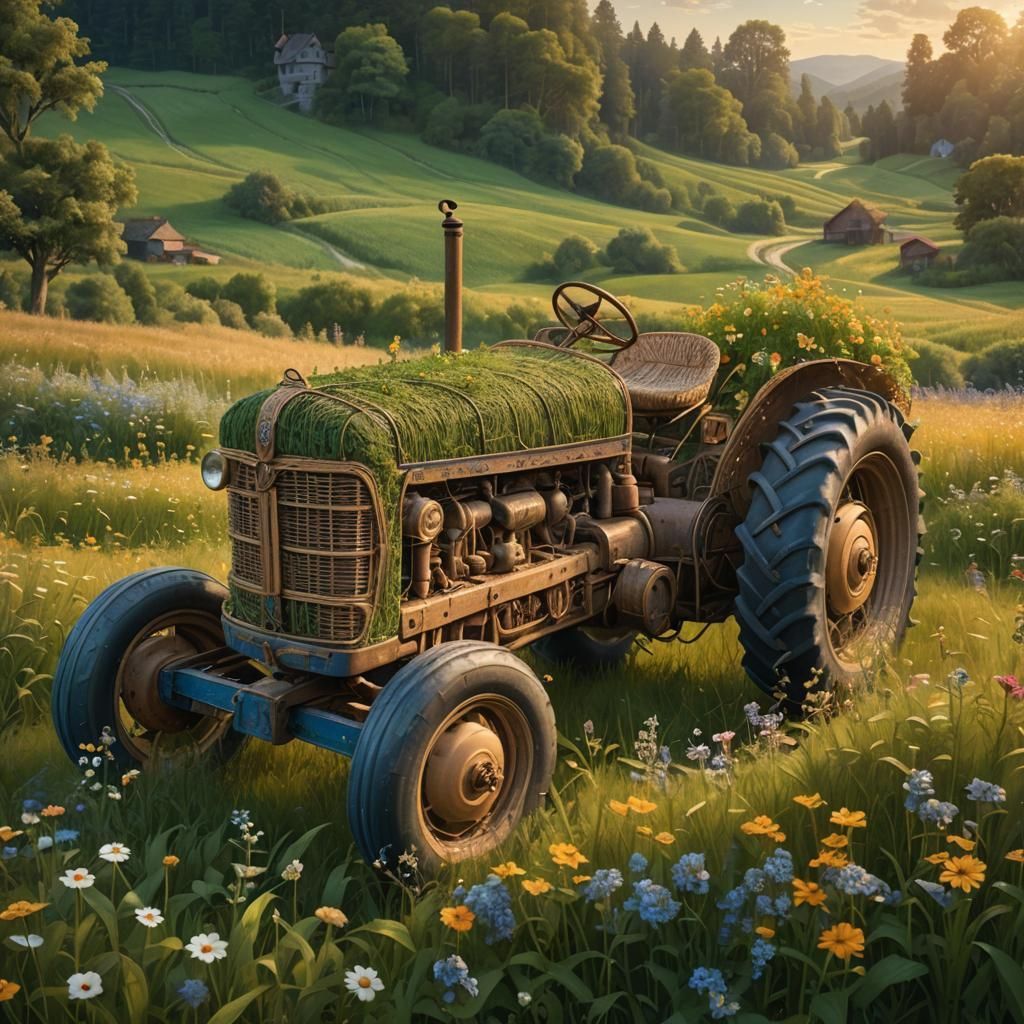 Wicker Tractor in Meadow: Matte Painting