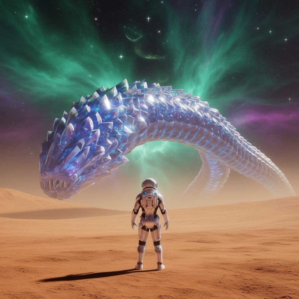 Astronaut Encounters Giant Crystal Sandworm on Alien Planet