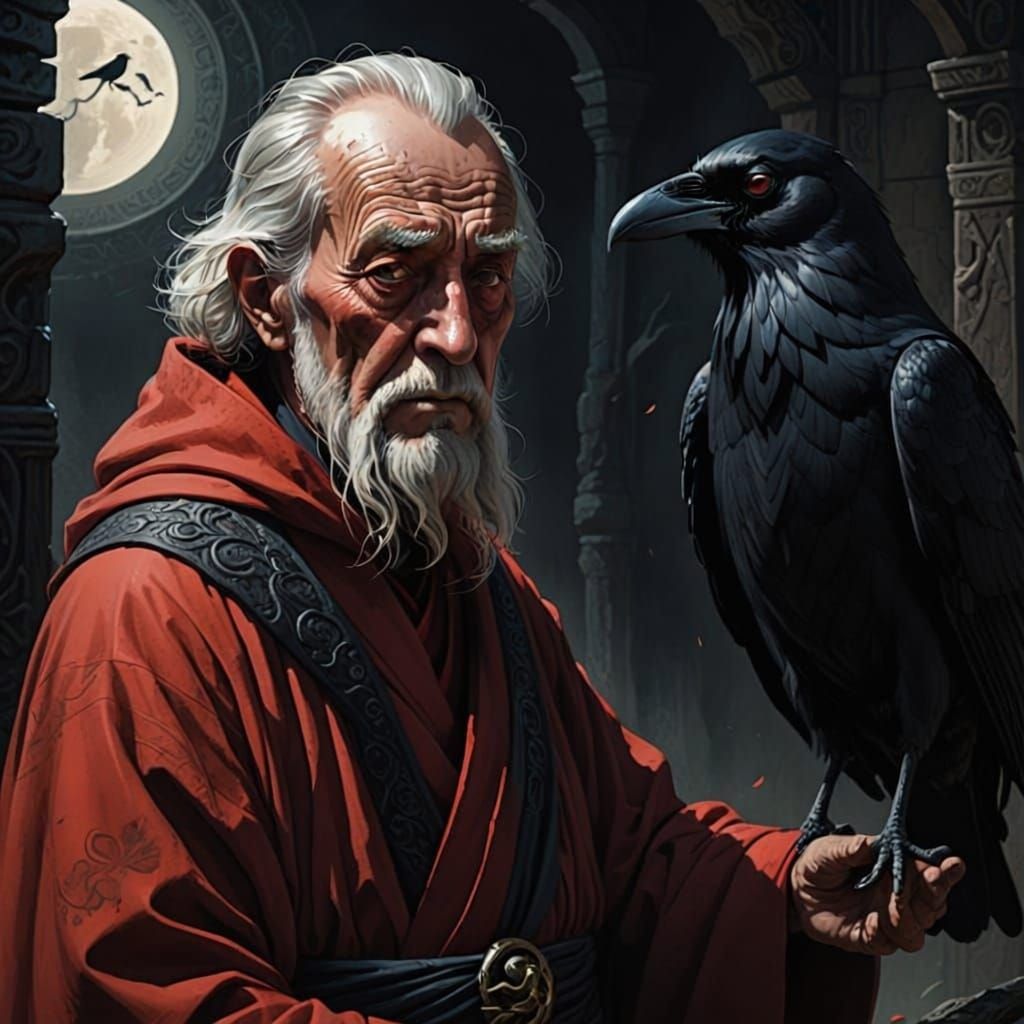 Mysterious Old Man in Red Robe Speaks to Raven