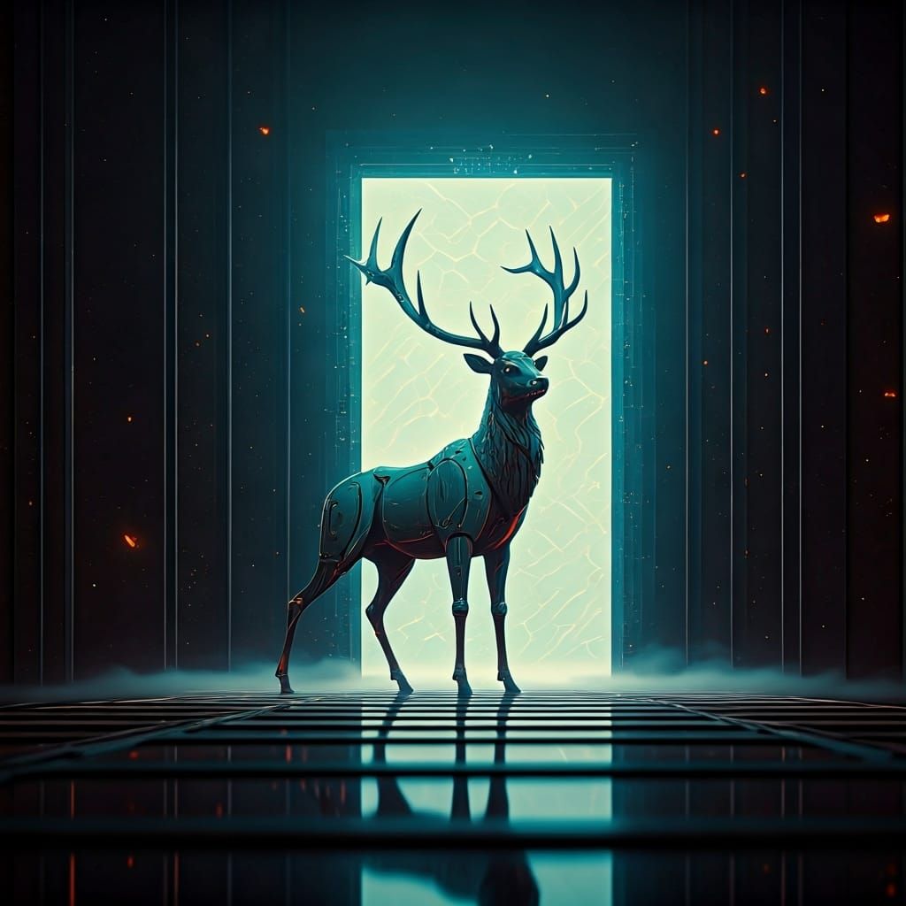Cybernetic Elk Enters Alien Portal in Cubism Style