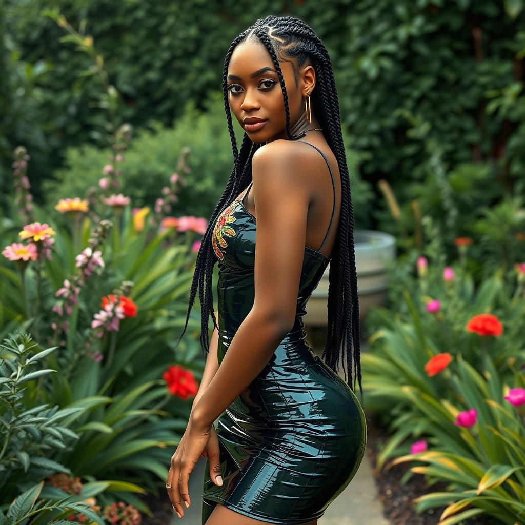 Hyperrealistic Woman in Lush Garden, Braided Hair, Fitted Vi...