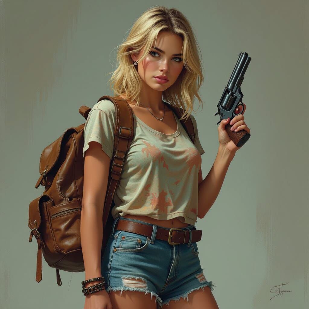 Woman with Revolver in Futuristic Gritty Art Style