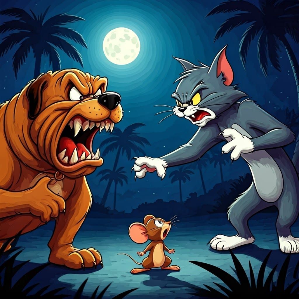 Cat and Mouse Comedy Under the Moon