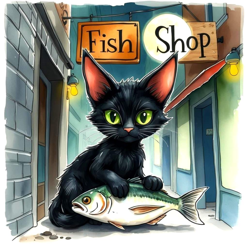Cute Alley Cat with Fish: Watercolor Illustration