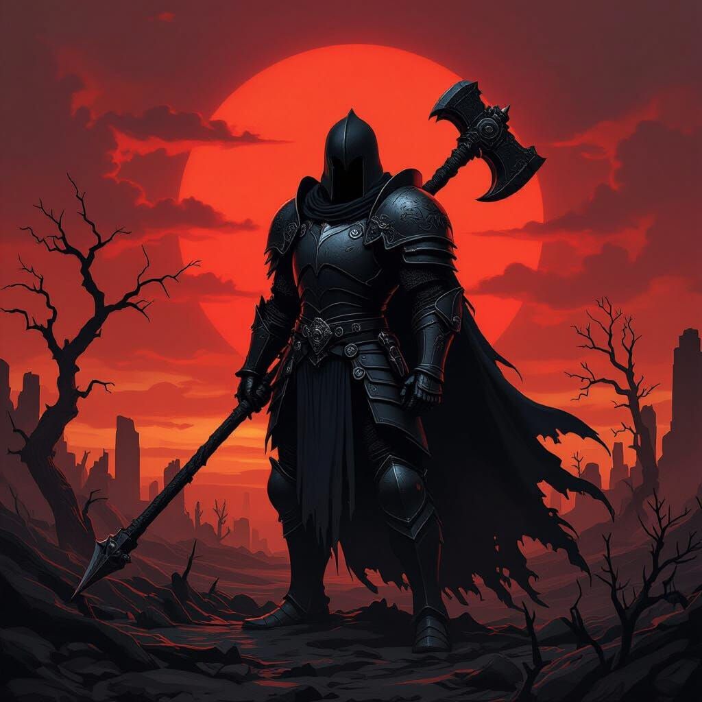 Raven Knight Silhouette in Dark Fantasy Landscape