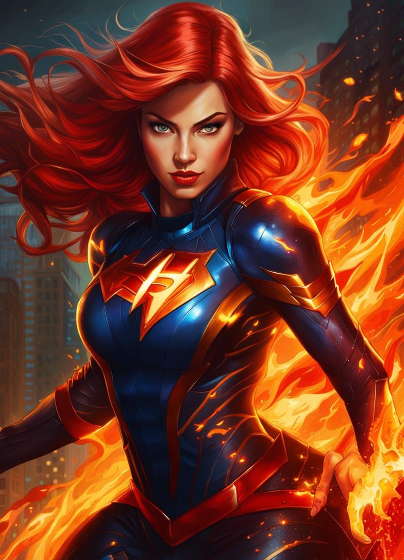 Fiery Superheroine Transformation in Marvel Comics Style