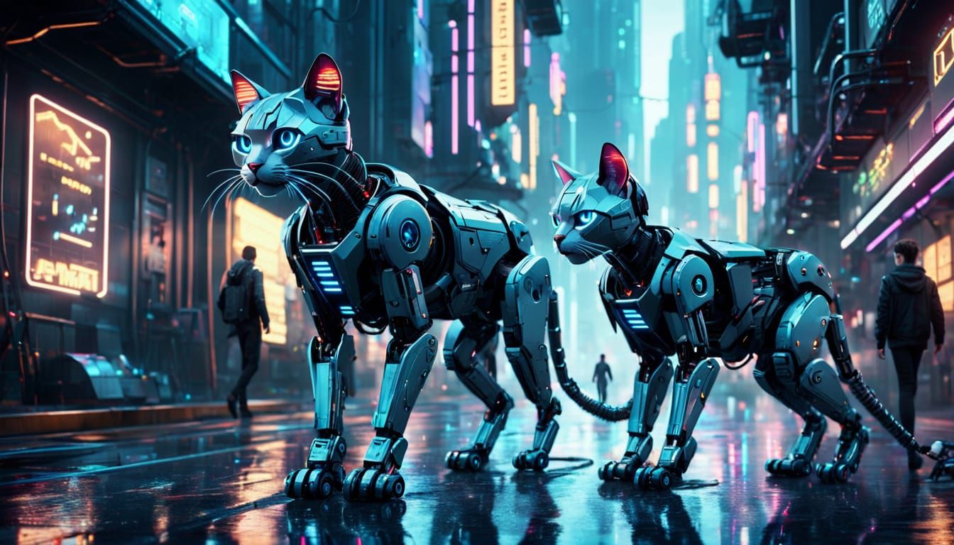 Cyberpunk Cityscape: Human and Robotic Cat Companions