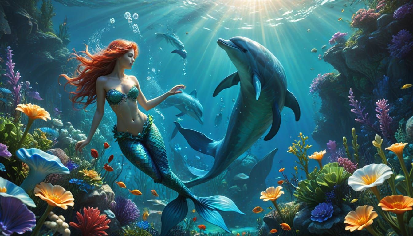 Mermaid and Dolphin Swim in Vibrant Oil Painting