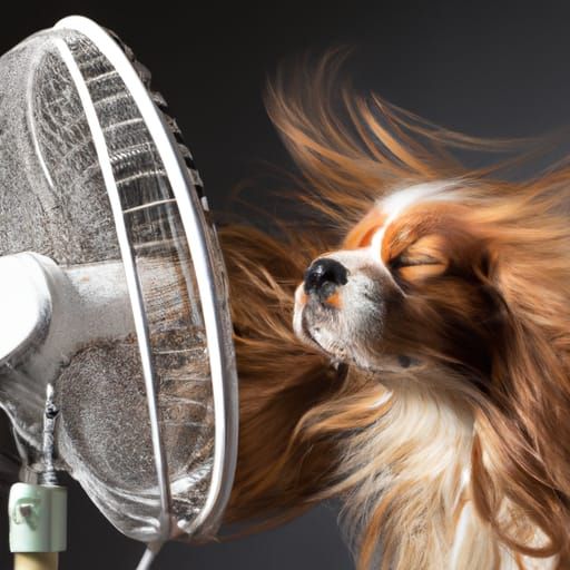Windswept Dog with Electric Fan: Photorealistic Image