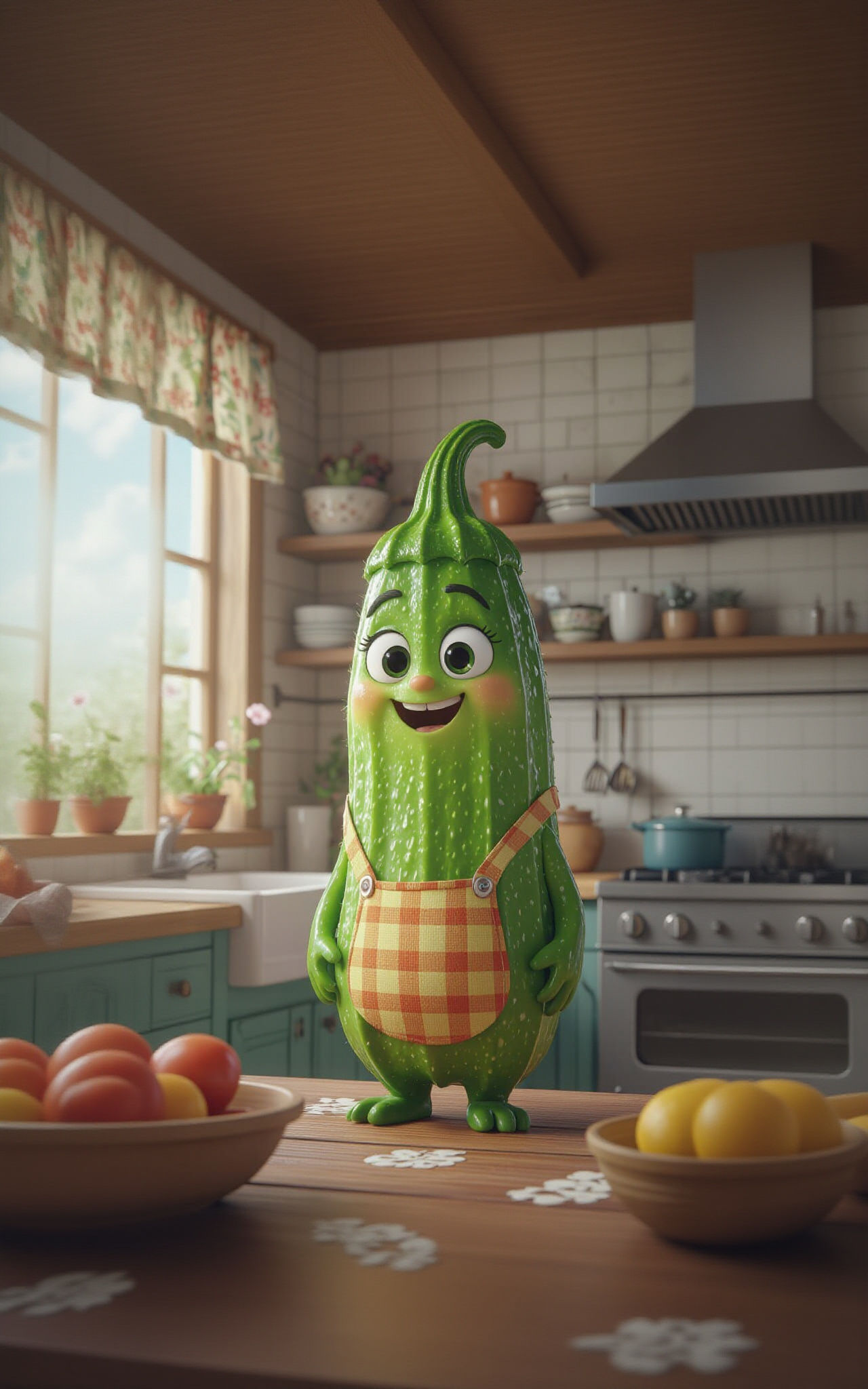 Cute Okra Character in Pixar Style Kitchen