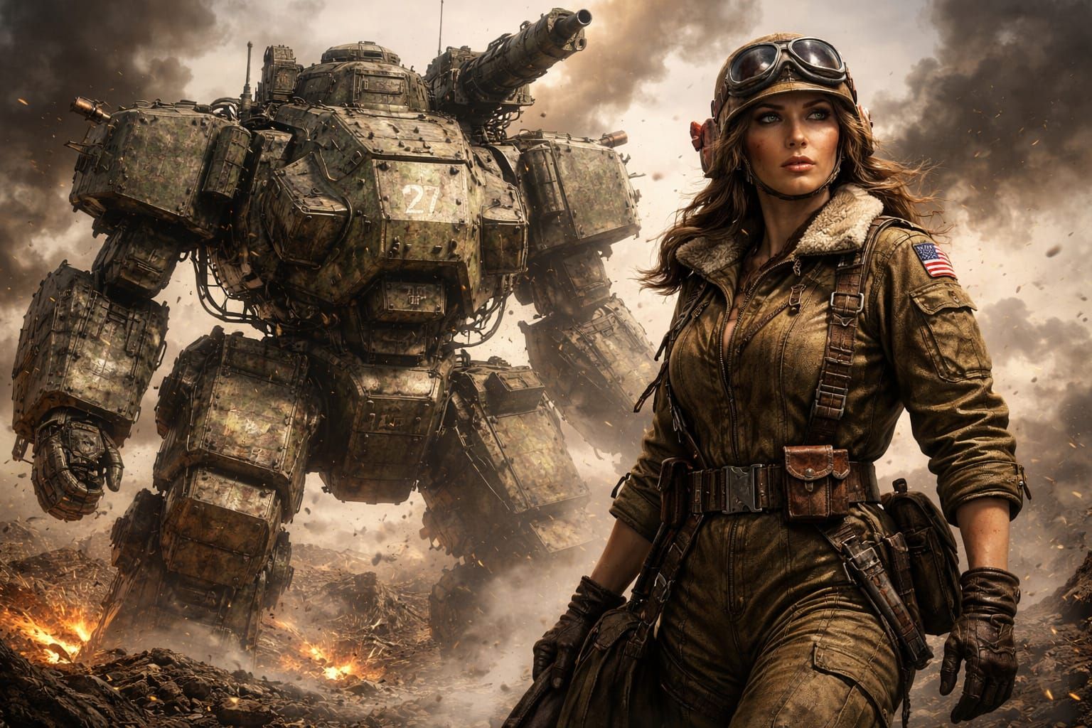 Dieselpunk Mech and Pilot in Battle