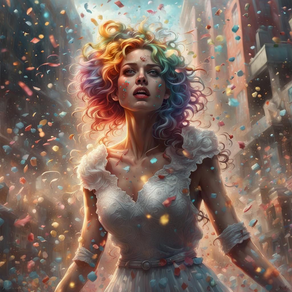 Rainbow Confetti Explosion in Detailed Digital Art