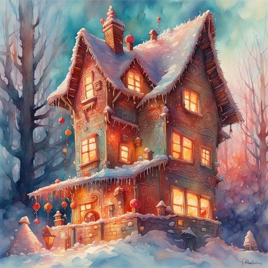 Delicious Gingerbread House in Watercolor Style