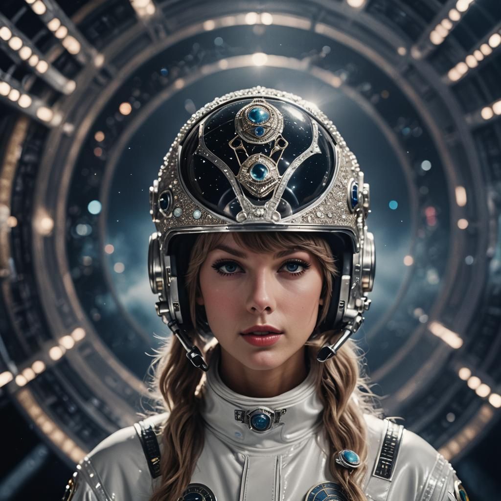 Astronaut Helmet Reflecting a Surreal Cinematic Scene