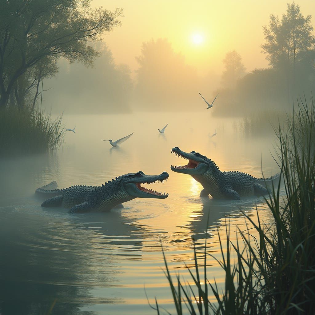 Crocodiles Hunting Water Birds in Misty Lake at Dawn