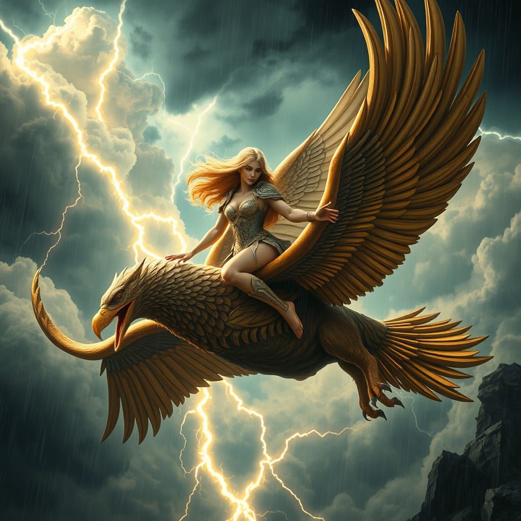 Valkyrie Soaring Through Storm on Griffin in Art Nouveau Sty...
