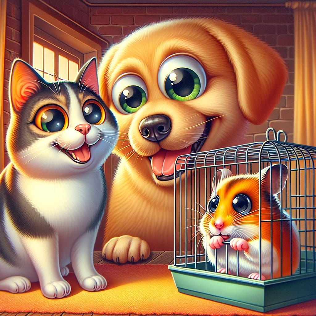 Humorous Airbrushed Scene: Cat, Dog, and Hamster