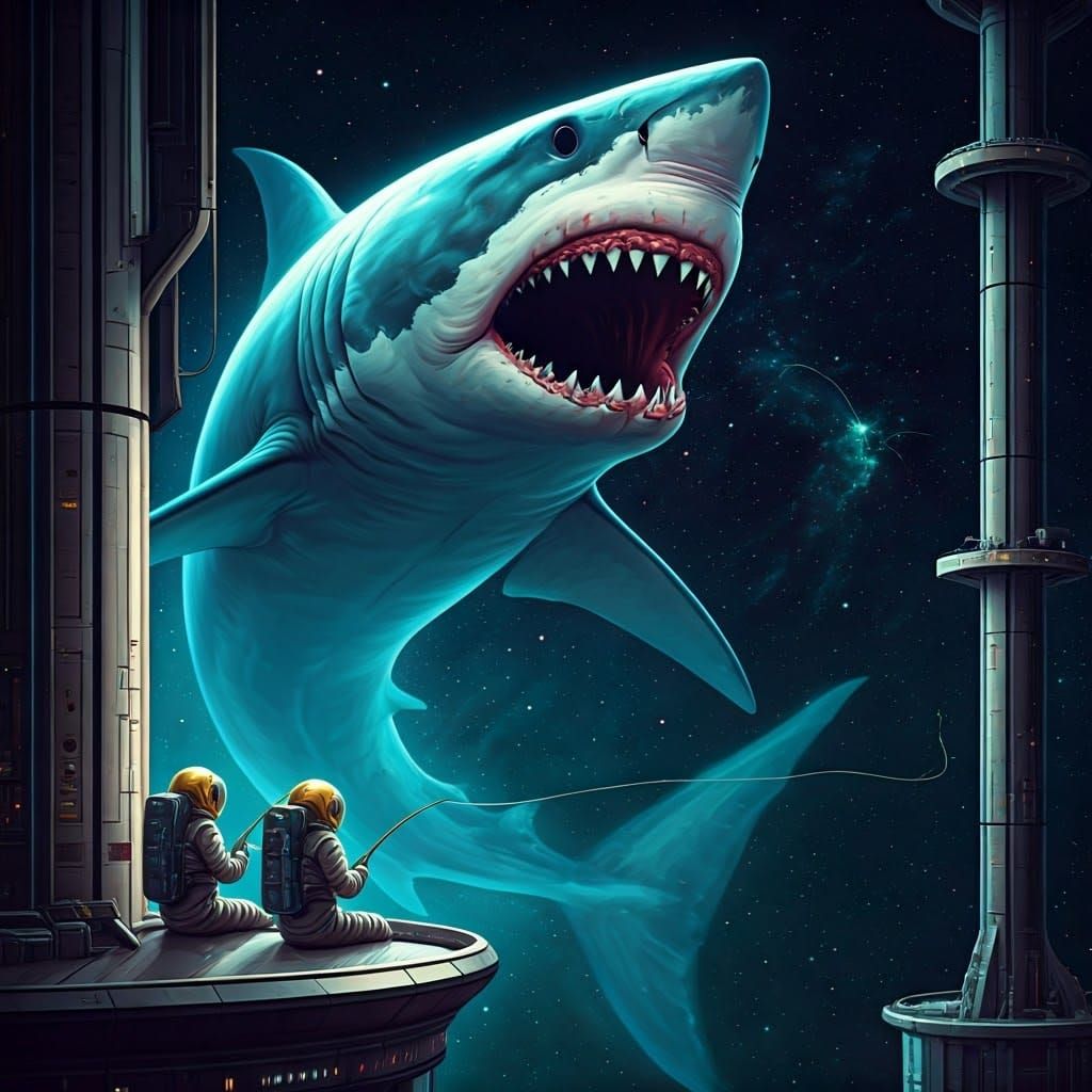 Astronauts Fishing: Cosmic Shark Encounter in Space