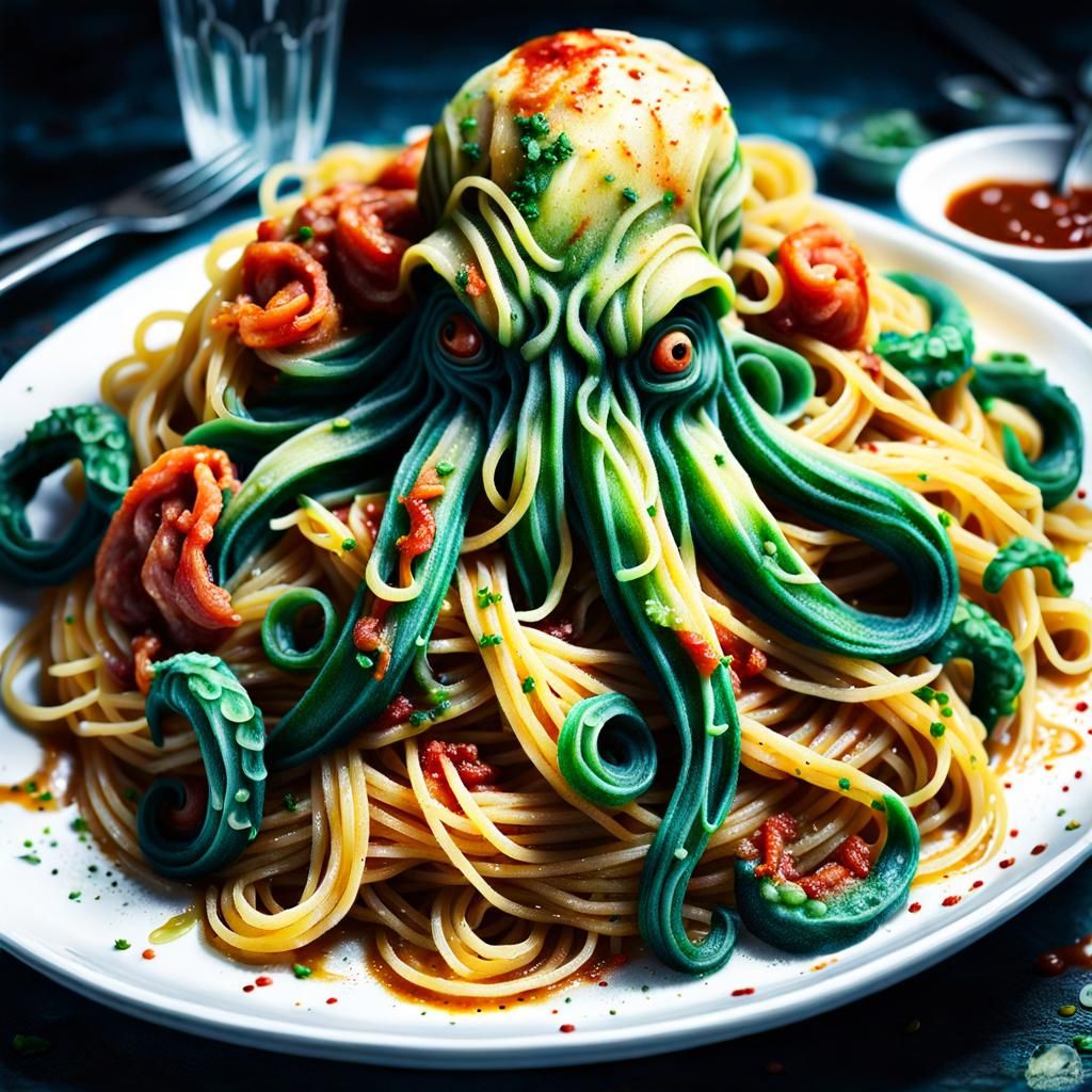 Cthulhu Made of Spaghetti in Digital Watercolor