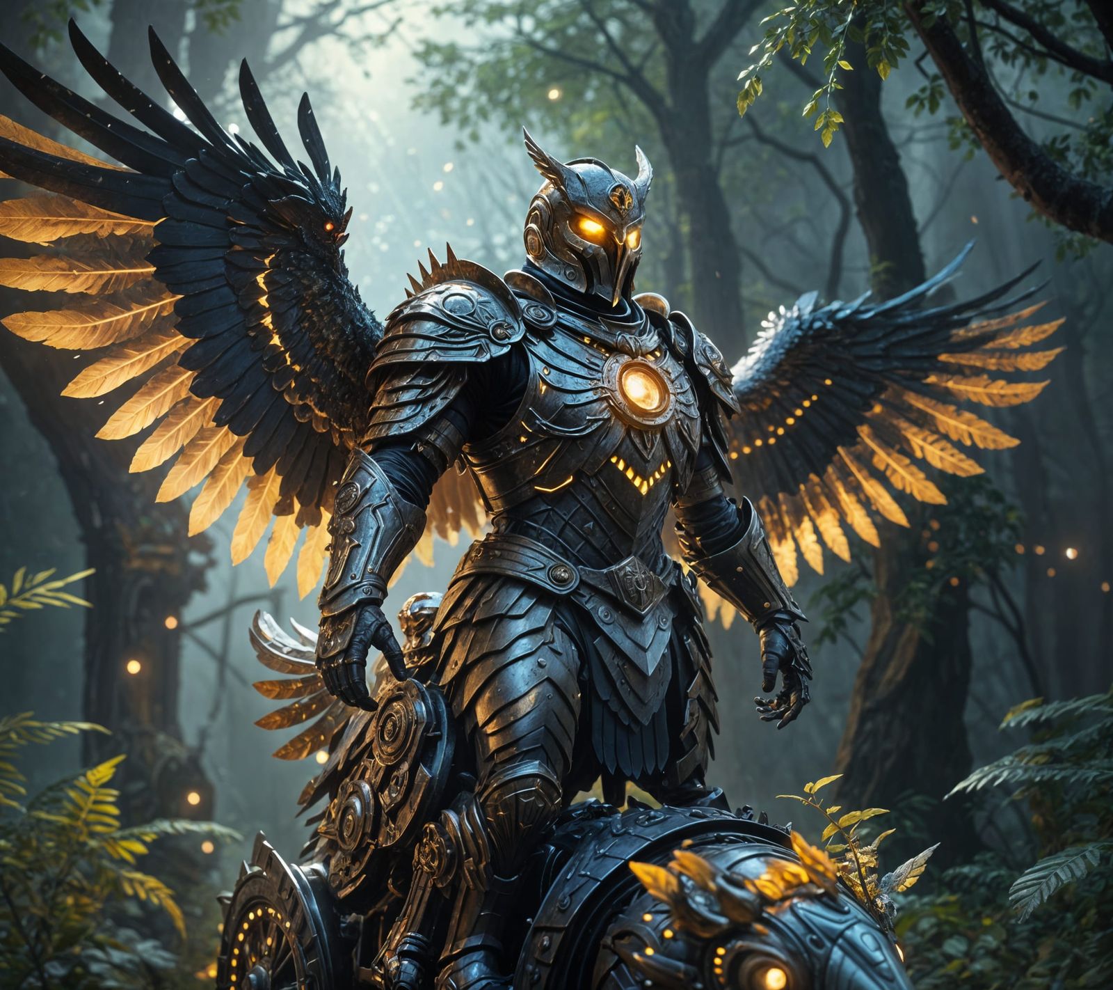 Knight Rides Mechanical Owl in Fantasy Landscape