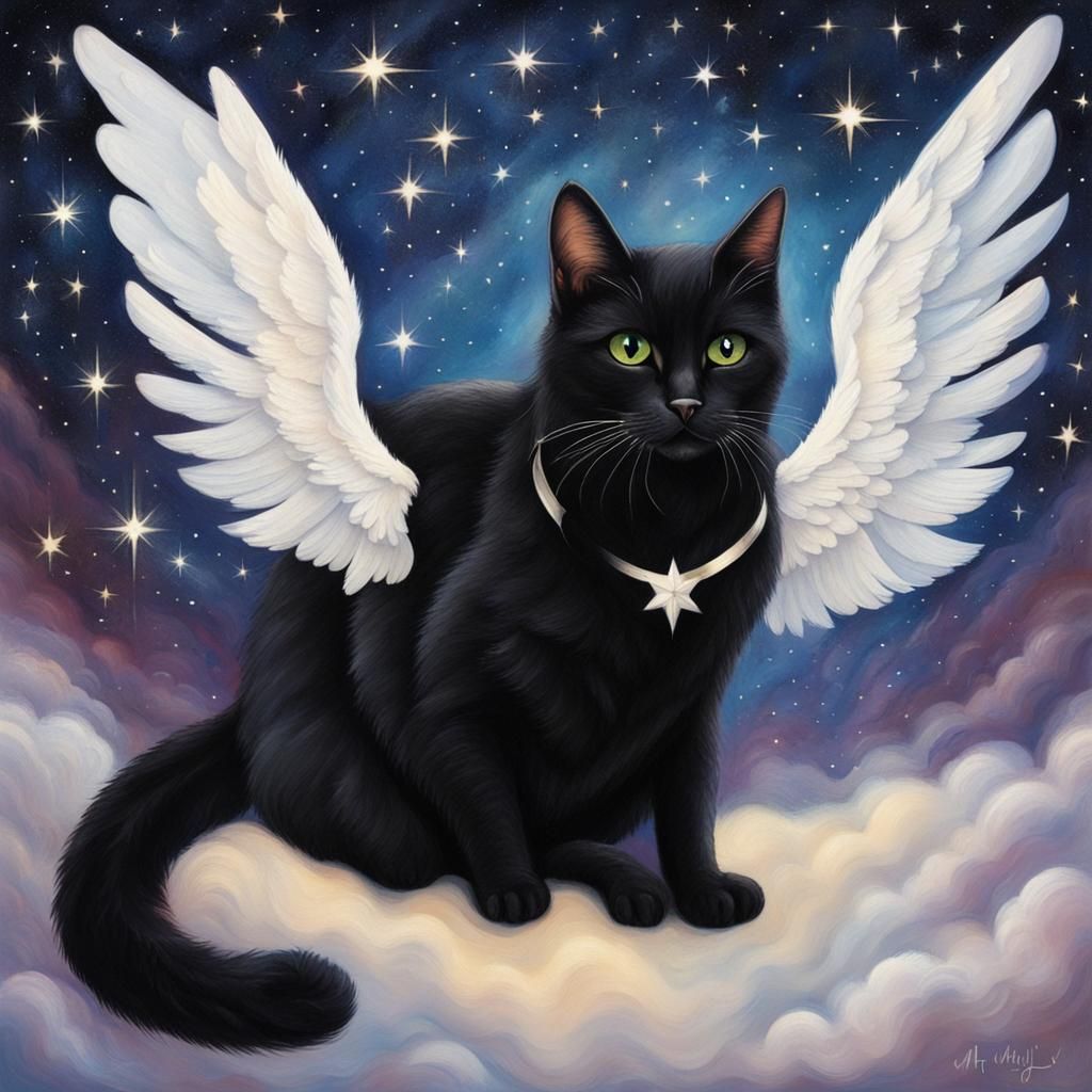 Tuxedo Cat Among the Stars with Angel Wings