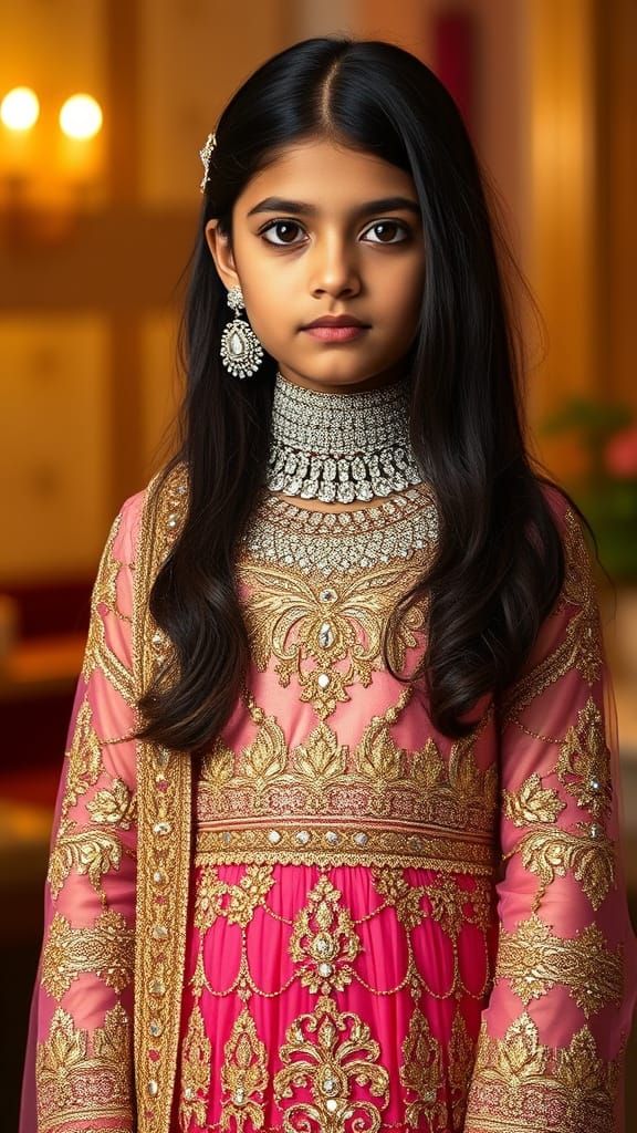 Young Girl in Resplendent Golden Eid Dress with Heavy Stone ...