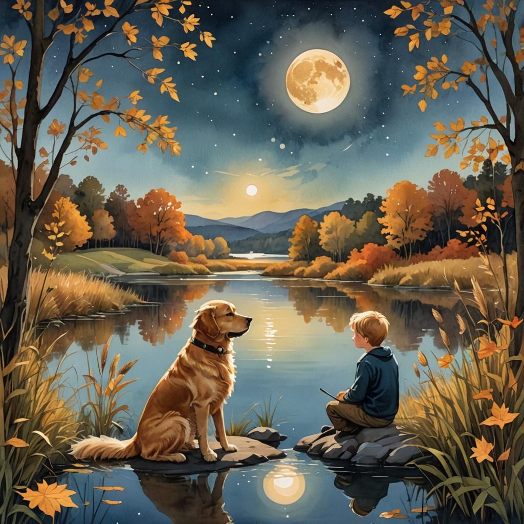 Boy and Dog Under Moon in Storybook Illustration