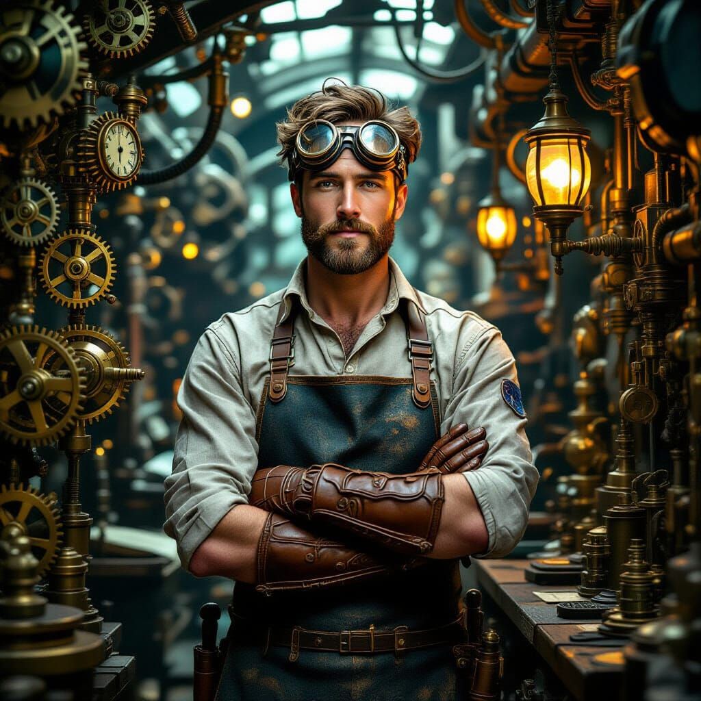 Steampunk Inventor Surrounded by Clockwork Creations