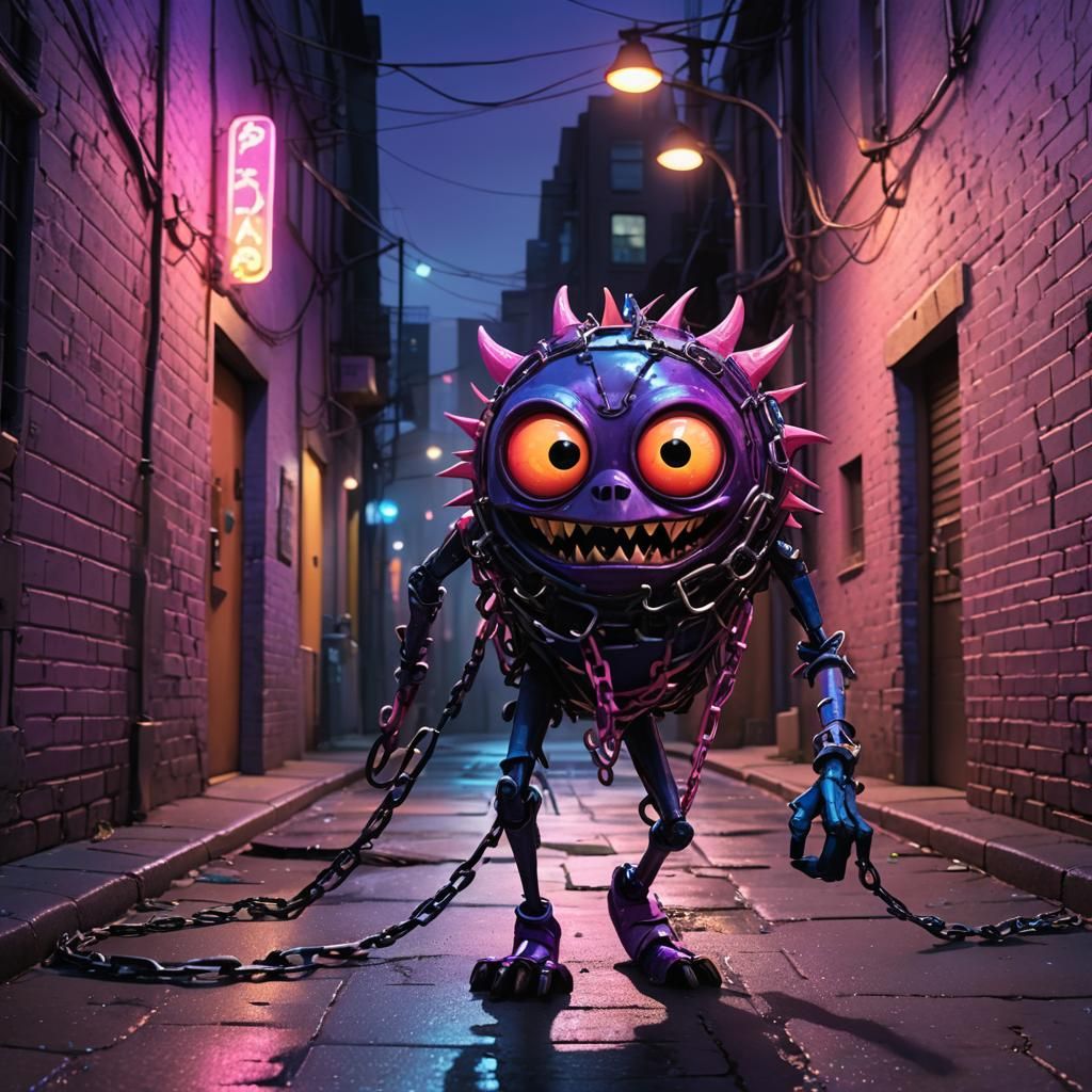 Creature on a Leash in Dimly Lit Alleyway