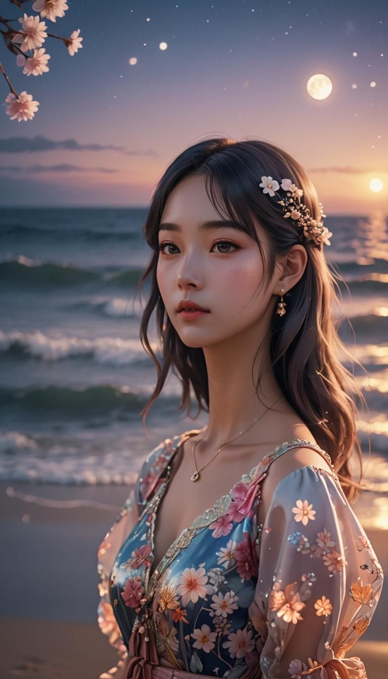 Moonlit Beach Portrait in Anime Style