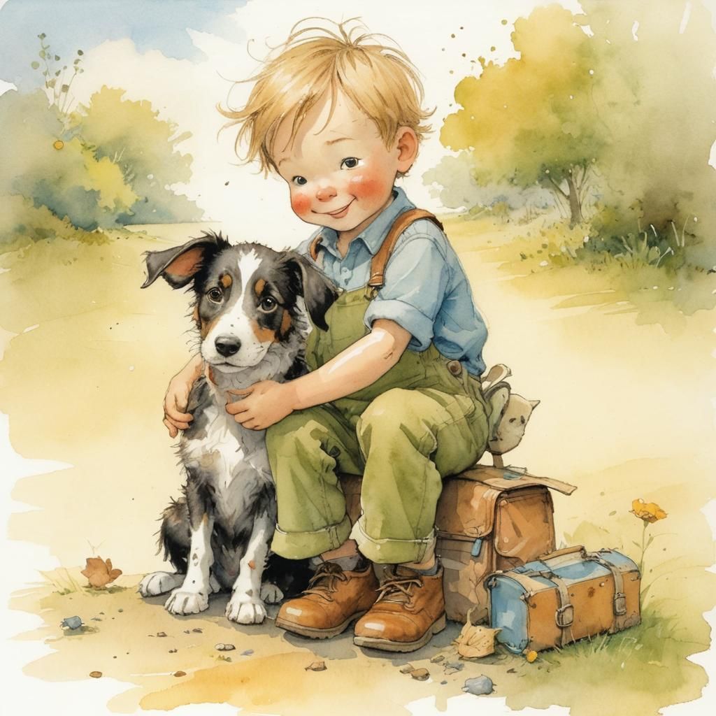 Boy and Dog in Children's Book Illustration Style