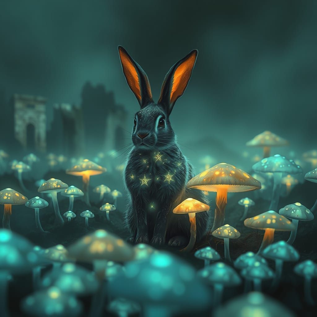 Mystical Starlight Rabbit in Ethereal Mushroom Field