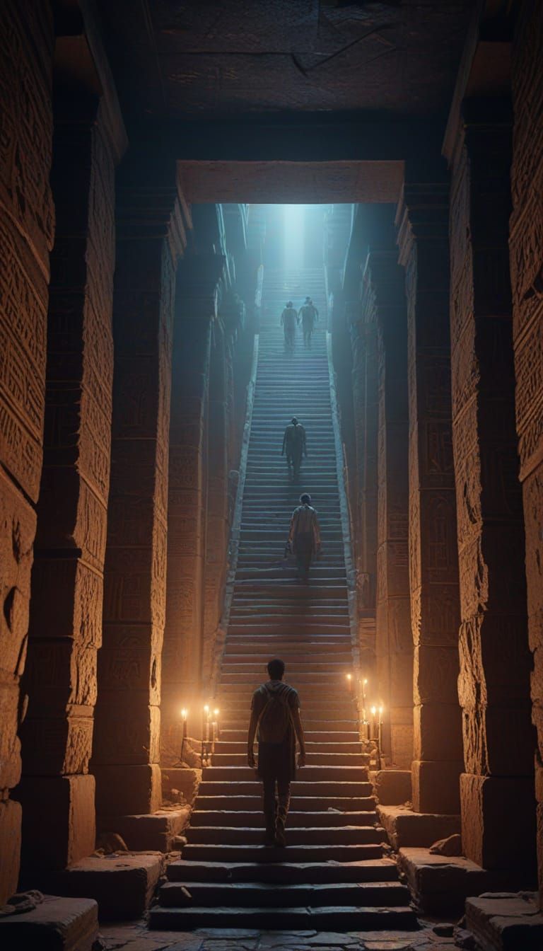 Tourists Explore Ancient Egyptian Pyramid Library in Cinemat...