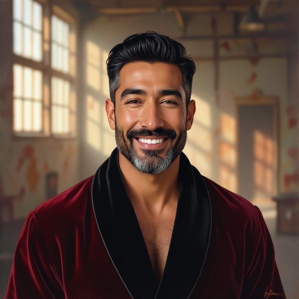 Joyous Man in Velvet Bathrobe, Impressionist Oil Painting